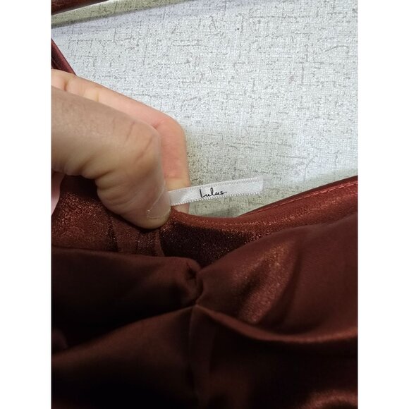 Lulus Rust Red Exuberant Luxury Satin Ruffled Lace Up Maxi Dress Size S - Picture 4 of 8